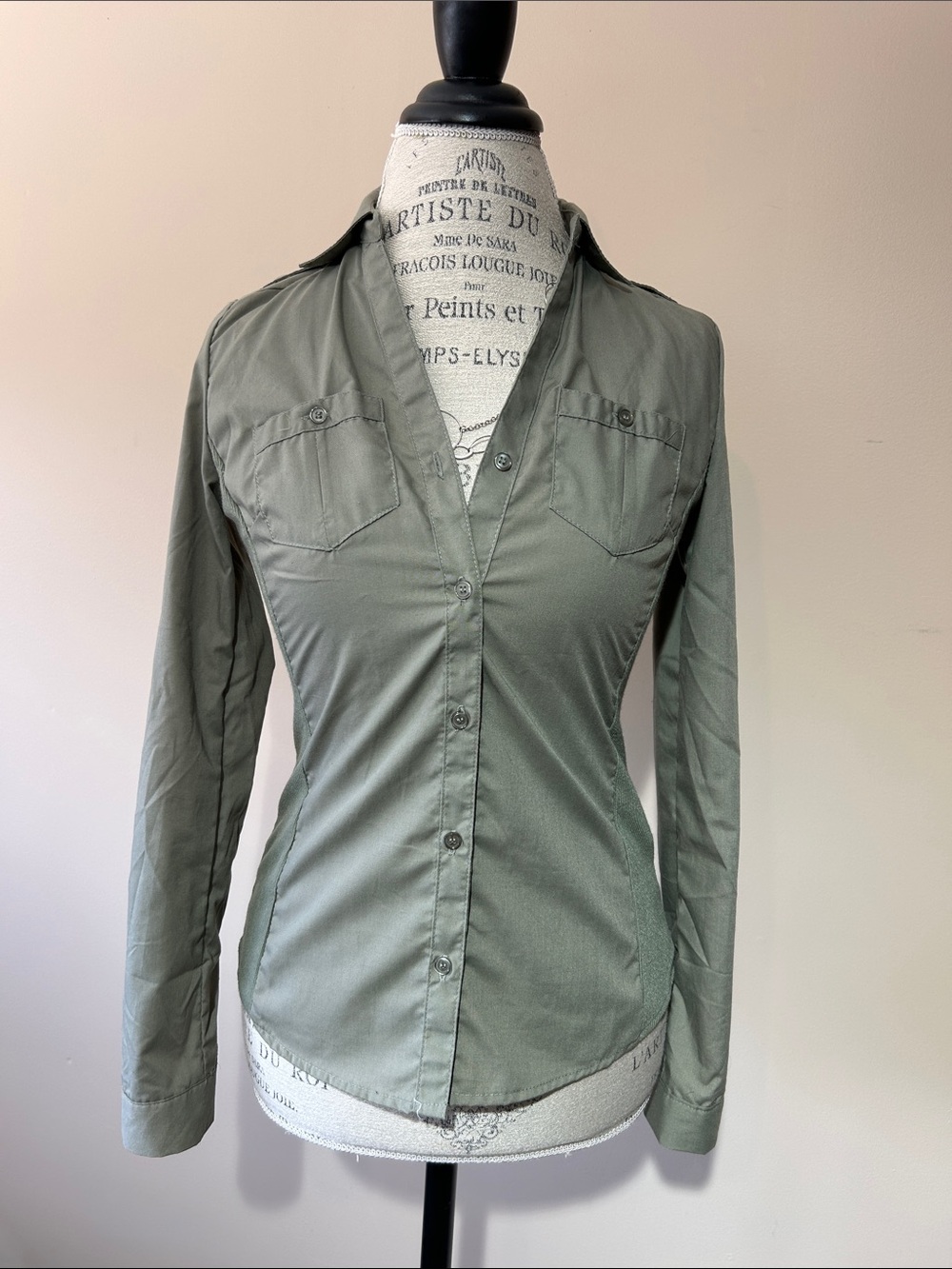 Women's Olive Green Button-Up Shirt, Stretchy, size small